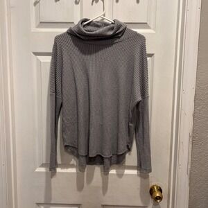 Everly Gray Waffle Thermal Knit Cowl Neck Long Sleeve Top Large Boho Made in USA